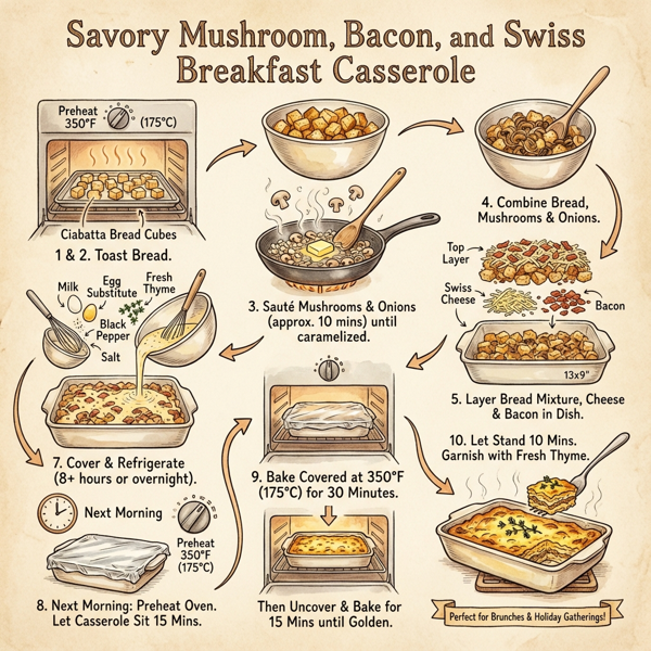 Savory Mushroom, Bacon, and Swiss Breakfast Casserole instructions