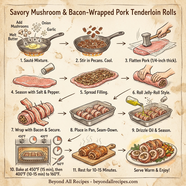 Savory Mushroom & Bacon-Wrapped Pork Tenderloin Rolls instructions