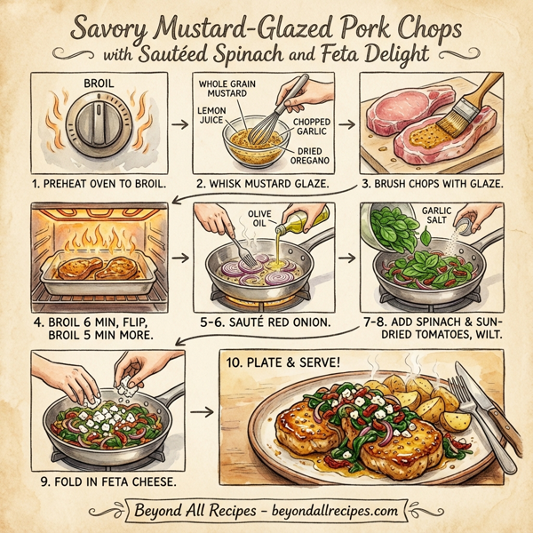 Savory Mustard-Glazed Pork Chops with Sautéed Spinach and Feta Delight instructions