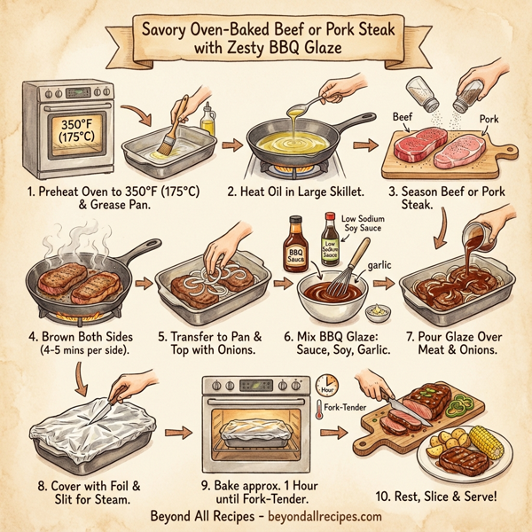 Savory Oven-Baked Beef or Pork Steak with Zesty BBQ Glaze instructions