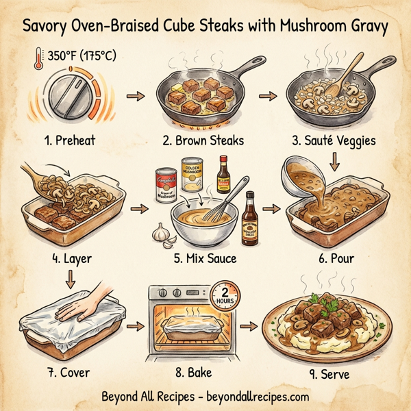 Savory Oven-Braised Cube Steaks with Mushroom Gravy instructions
