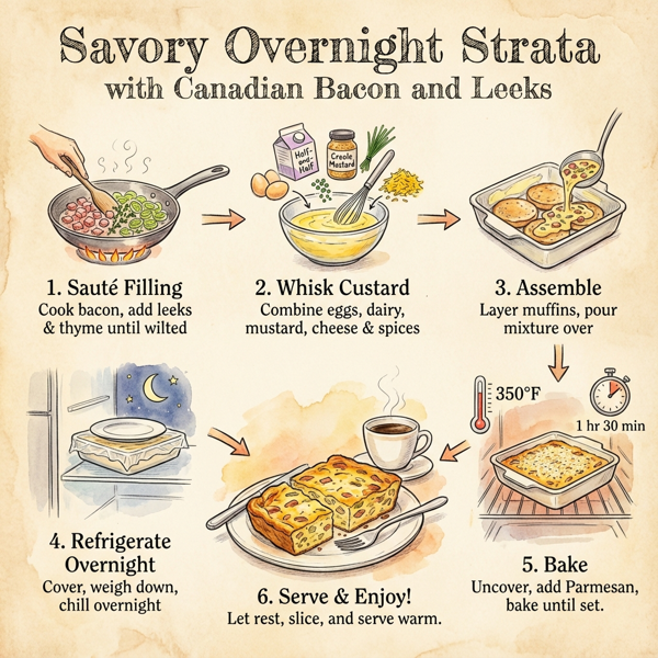 Savory Overnight Strata with Canadian Bacon and Leeks instructions