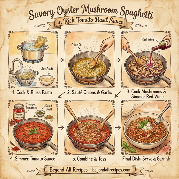 Savory Oyster Mushroom Spaghetti in Rich Tomato Basil Sauce instructions