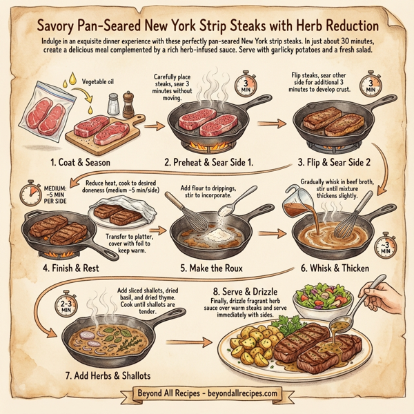 Savory Pan-Seared New York Strip Steaks with Herb Reduction instructions