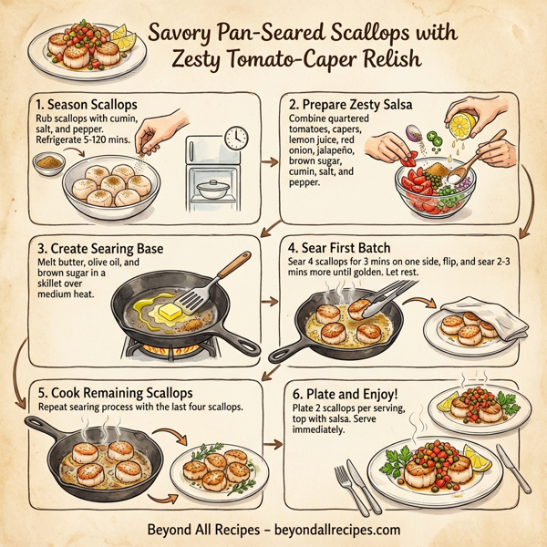 Savory Pan-Seared Scallops with Zesty Tomato-Caper Relish instructions
