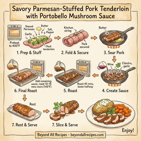 Savory Parmesan-Stuffed Pork Tenderloin with Portobello Mushroom Sauce instructions