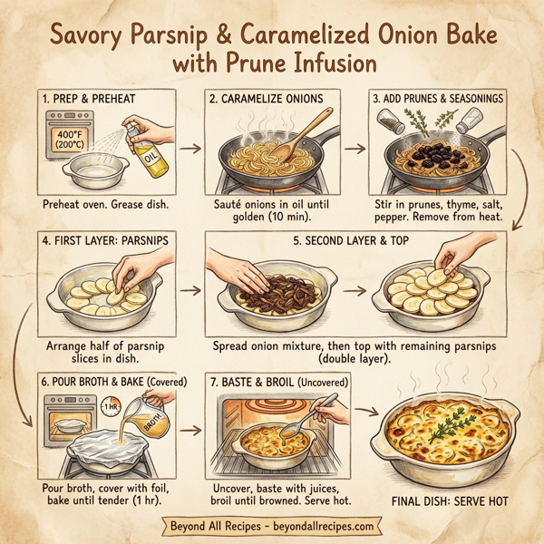 Savory Parsnip and Caramelized Onion Bake with Prune Infusion instructions