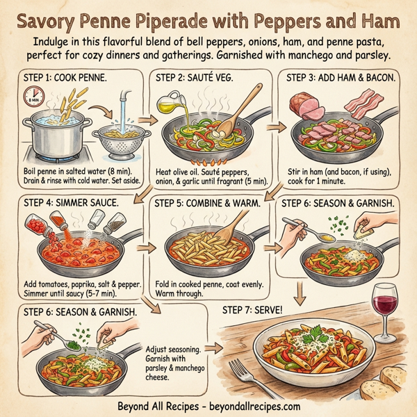 Savory Penne Piperade with Peppers and Ham instructions