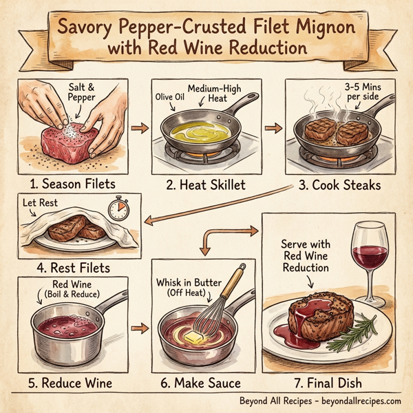 Savory Pepper-Crusted Filet Mignon with Red Wine Reduction instructions