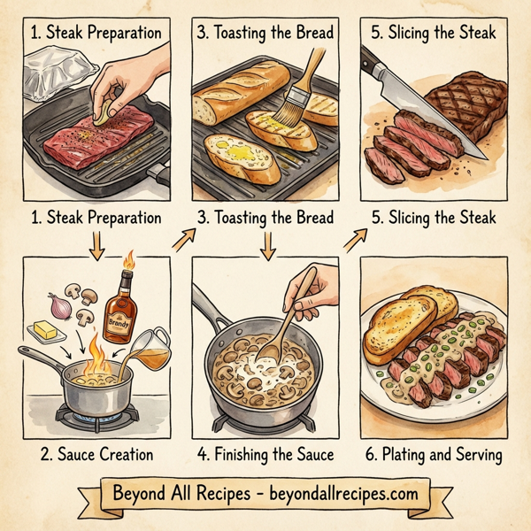 Savory Peppered Skirt Steak with Creamy Brandy Mushroom Sauce on Crostini instructions