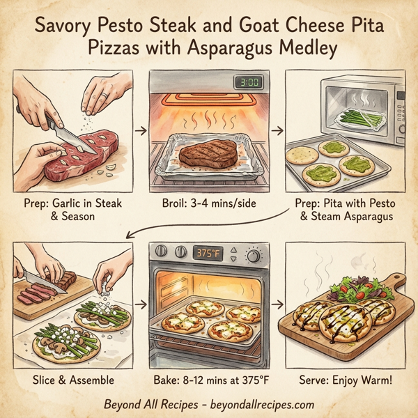 Savory Pesto Steak and Goat Cheese Pita Pizzas with Asparagus Medley instructions