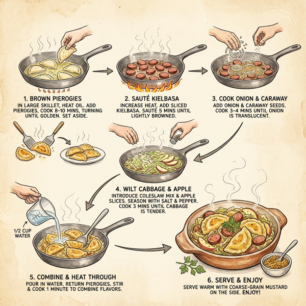 Savory Pierogies with Kielbasa and Sautéed Cabbage instructions