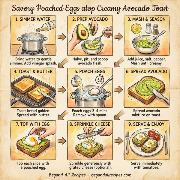 Savory Poached Eggs atop Creamy Avocado Toast instructions