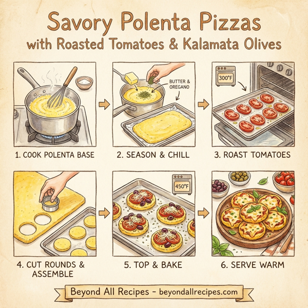 Savory Polenta Pizzas Topped with Sweet Roasted Tomatoes and Kalamata Olives instructions