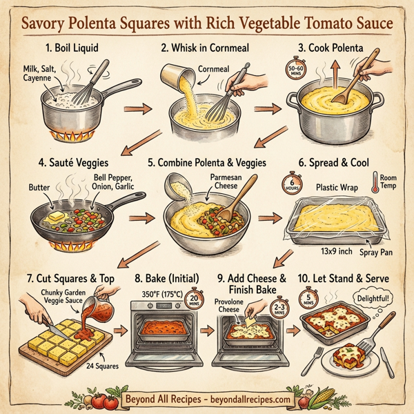 Savory Polenta Squares with Rich Vegetable Tomato Sauce instructions