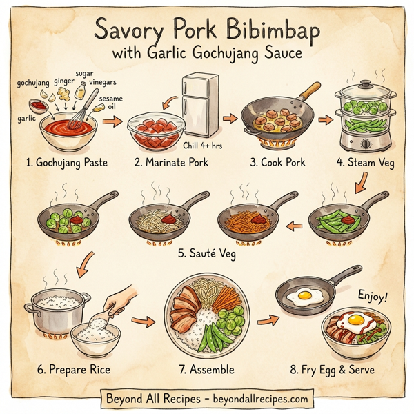 Savory Pork Bibimbap with Garlic Gochujang Sauce instructions