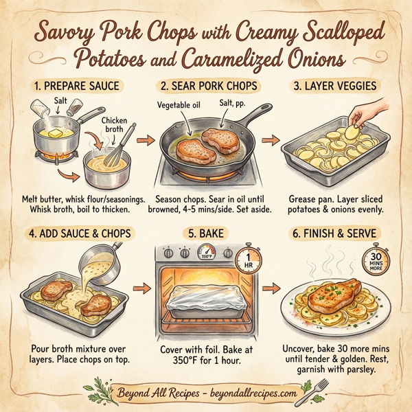 Savory Pork Chops with Creamy Scalloped Potatoes and Caramelized Onions instructions