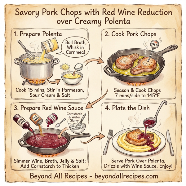 Savory Pork Chops with Red Wine Reduction over Creamy Polenta instructions