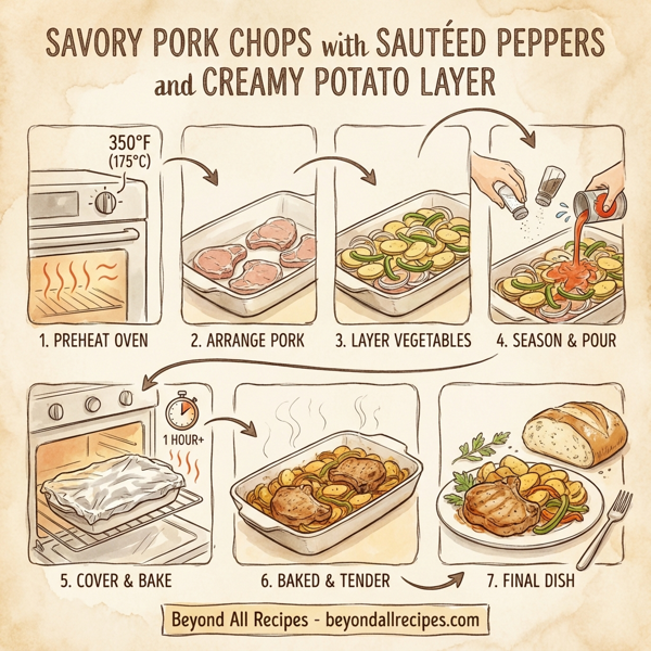 Savory Pork Chops with Sautéed Peppers and Creamy Potato Layer instructions