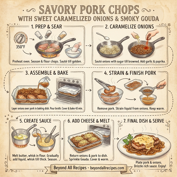 Savory Pork Chops with Sweet Caramelized Onions and Smoky Gouda instructions