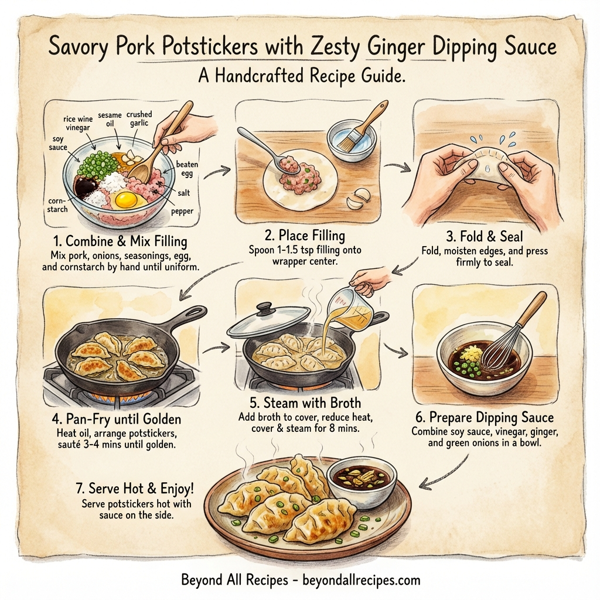 Savory Pork Potstickers with Zesty Ginger Dipping Sauce instructions