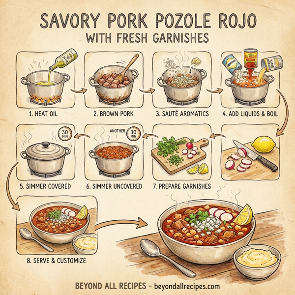 Savory Pork Pozole Rojo with Fresh Garnishes instructions