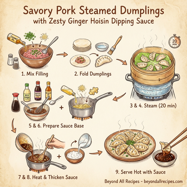 Savory Pork Steamed Dumplings with Zesty Ginger Hoisin Dipping Sauce instructions