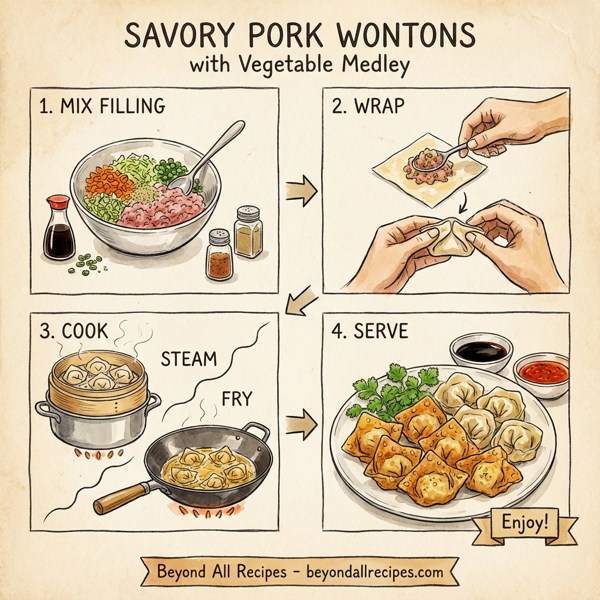 Savory Pork Wontons with Vegetable Medley instructions