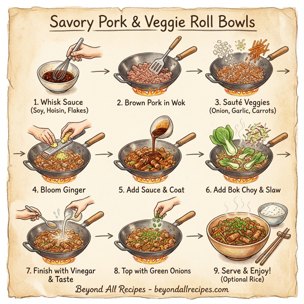 Savory Pork & Veggie Roll Bowls instructions