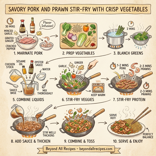 Savory Pork and Prawn Stir-Fry with Crisp Vegetables instructions