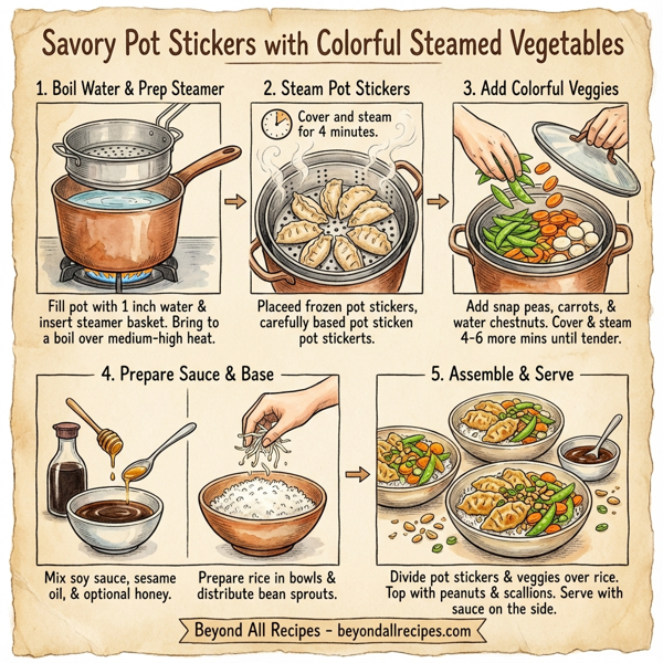 Savory Pot Stickers with Colorful Steamed Vegetables instructions