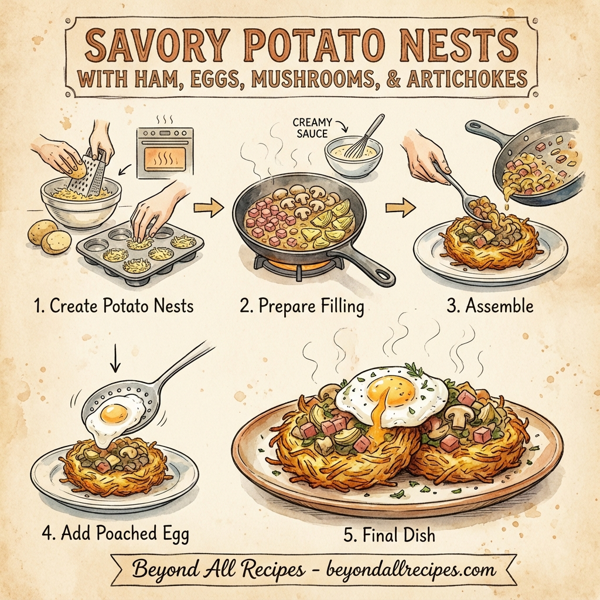 Savory Potato Nests with Ham, Eggs, Mushrooms, and Artichokes instructions