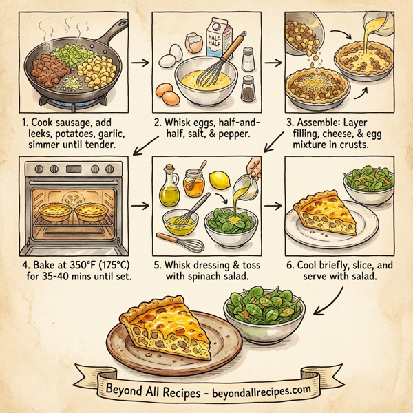 Savory Potato, Sausage, and Leek Quiche with Spinach Salad instructions