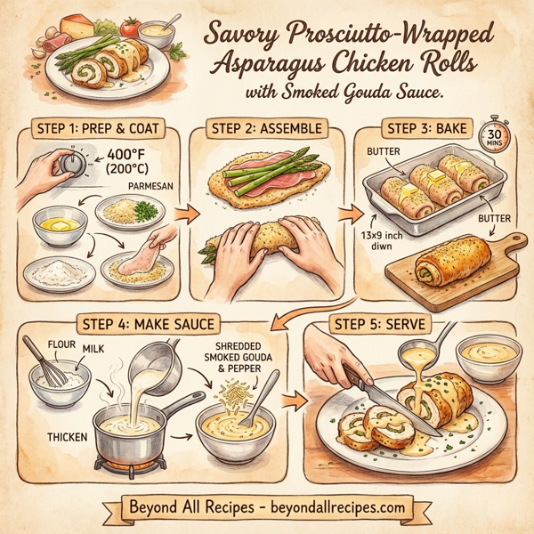 Savory Prosciutto-Wrapped Asparagus Chicken Rolls with Smoked Gouda Sauce instructions
