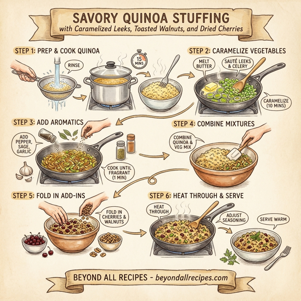 Savory Quinoa Stuffing with Caramelized Leeks, Toasted Walnuts, and Dried Cherries instructions
