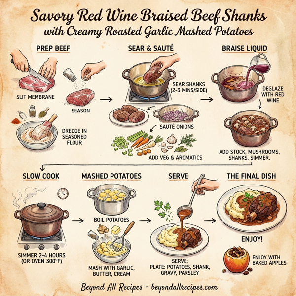 Savory Red Wine Braised Beef Shanks with Creamy Roasted Garlic Mashed Potatoes instructions