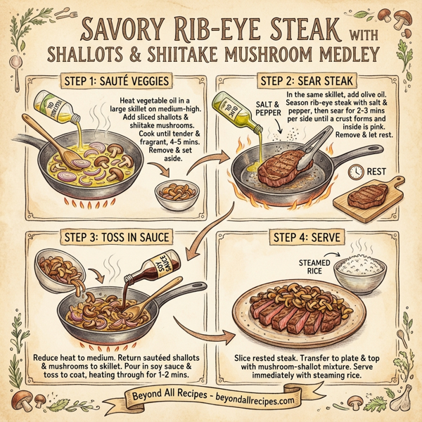 Savory Rib-Eye Steak with Shallots and Shiitake Mushroom Medley instructions