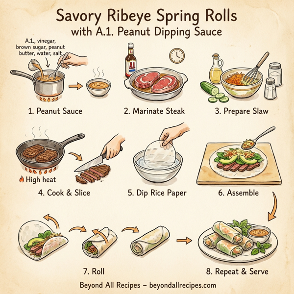 Savory Ribeye Spring Rolls with A.1. Peanut Dipping Sauce instructions