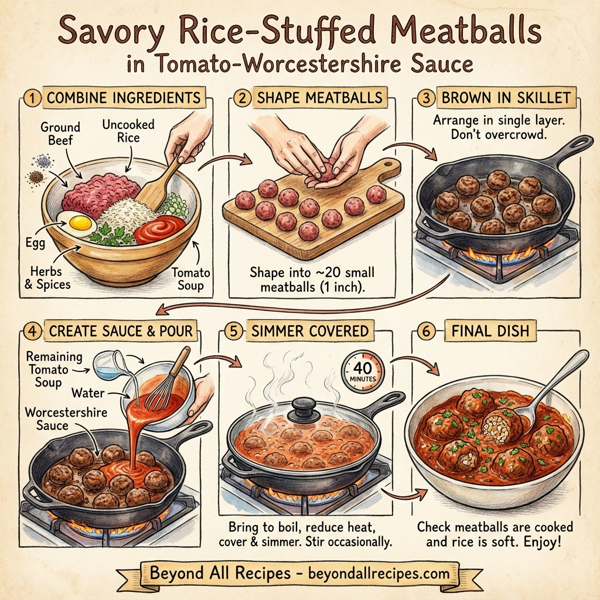 Savory Rice-Stuffed Meatballs in Tomato-Worcestershire Sauce instructions