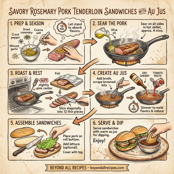 Savory Rosemary Pork Tenderloin Sandwiches with Au Jus instructions