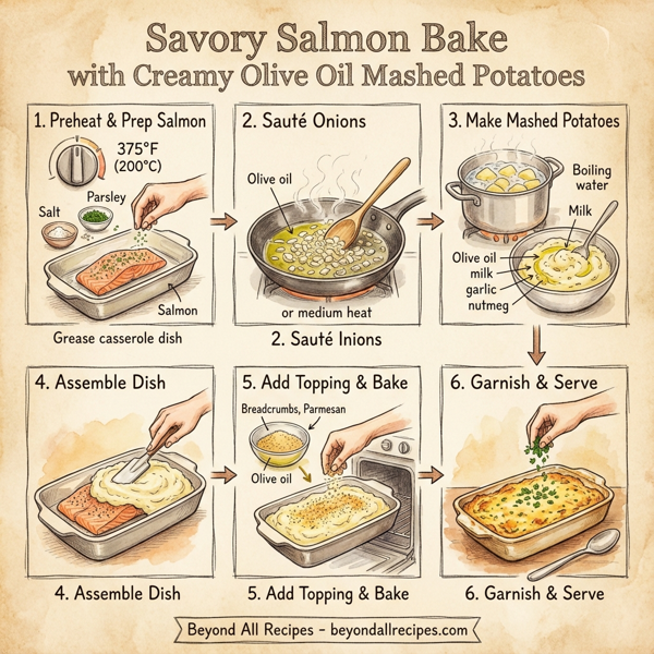 Savory Salmon Bake with Creamy Olive Oil Mashed Potatoes instructions