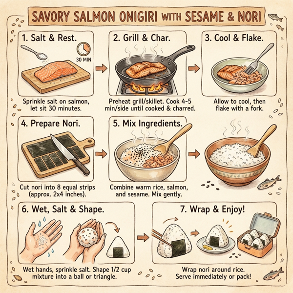 Savory Salmon Onigiri with Sesame & Nori instructions