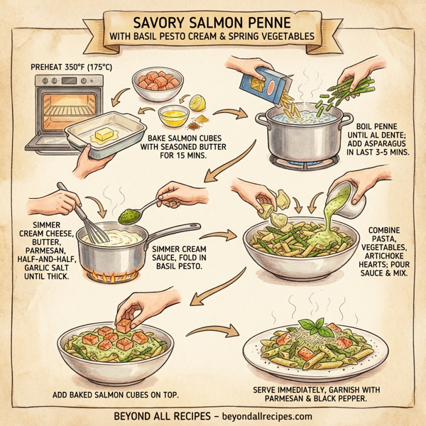 Savory Salmon Penne with Basil Pesto Cream and Spring Vegetables instructions
