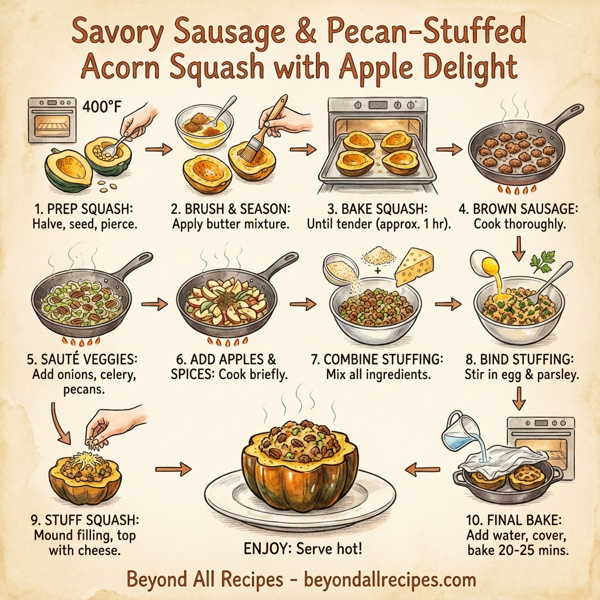 Savory Sausage & Pecan-Stuffed Acorn Squash with Apple Delight instructions
