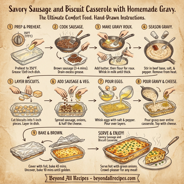 Savory Sausage and Biscuit Casserole with Homemade Gravy instructions