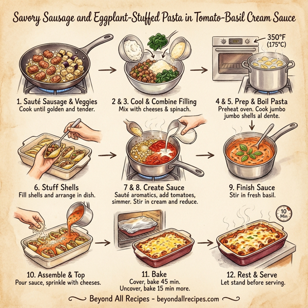 Savory Sausage and Eggplant-Stuffed Pasta in Tomato-Basil Cream Sauce instructions