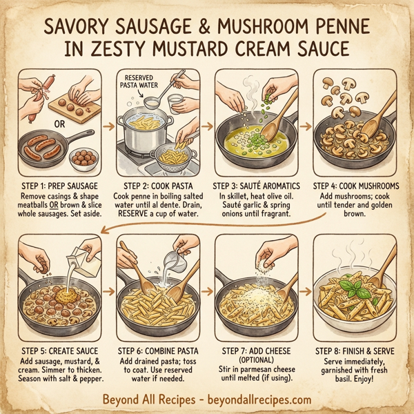 Savory Sausage and Mushroom Penne in Zesty Mustard Cream Sauce instructions