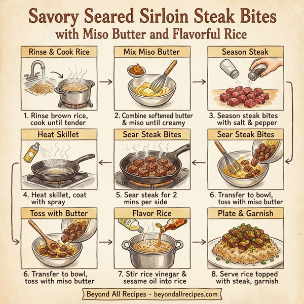 Savory Seared Sirloin Steak Bites with Miso Butter and Flavorful Rice instructions