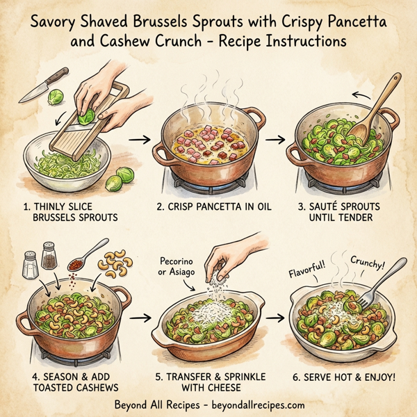 Savory Shaved Brussels Sprouts with Crispy Pancetta and Cashew Crunch instructions