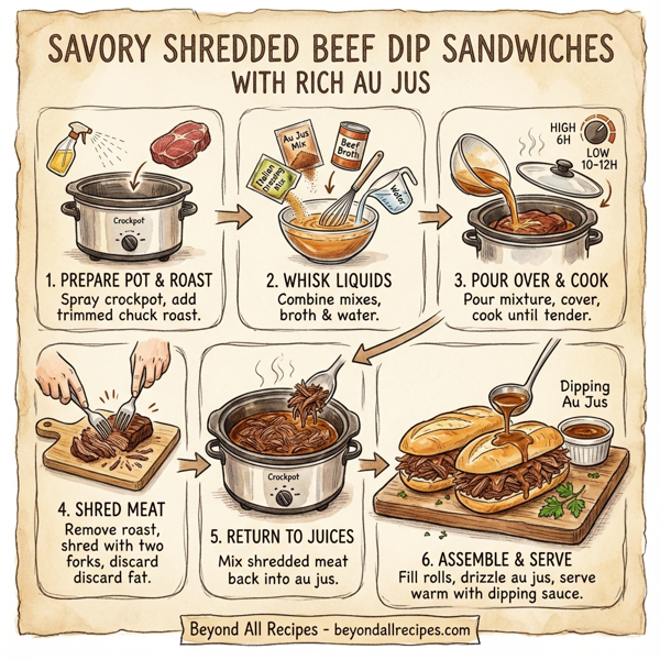 Savory Shredded Beef Dip Sandwiches with Rich Au Jus instructions